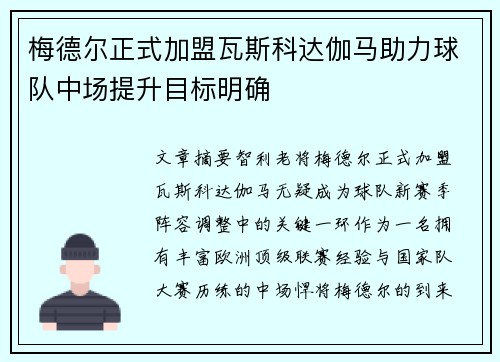 梅德尔正式加盟瓦斯科达伽马助力球队中场提升目标明确
