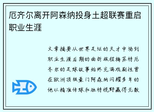 厄齐尔离开阿森纳投身土超联赛重启职业生涯