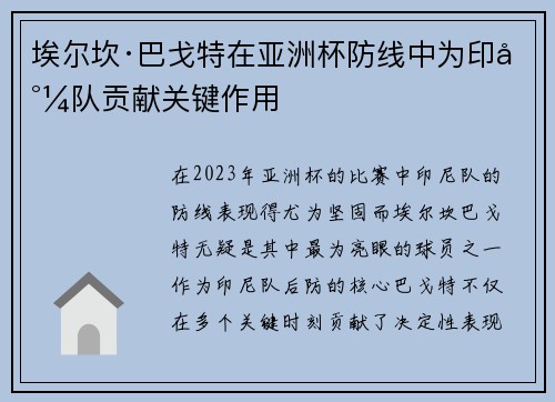 埃尔坎·巴戈特在亚洲杯防线中为印尼队贡献关键作用