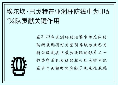埃尔坎·巴戈特在亚洲杯防线中为印尼队贡献关键作用